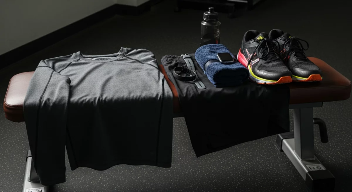 Homme portant une tenue de fitness technique dans une salle de sport moderne