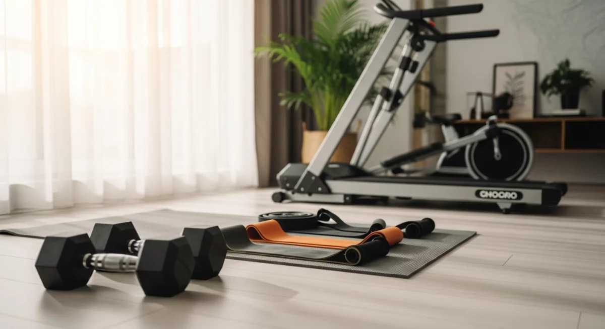 Personne s'entraînant à domicile avec différents équipements de fitness