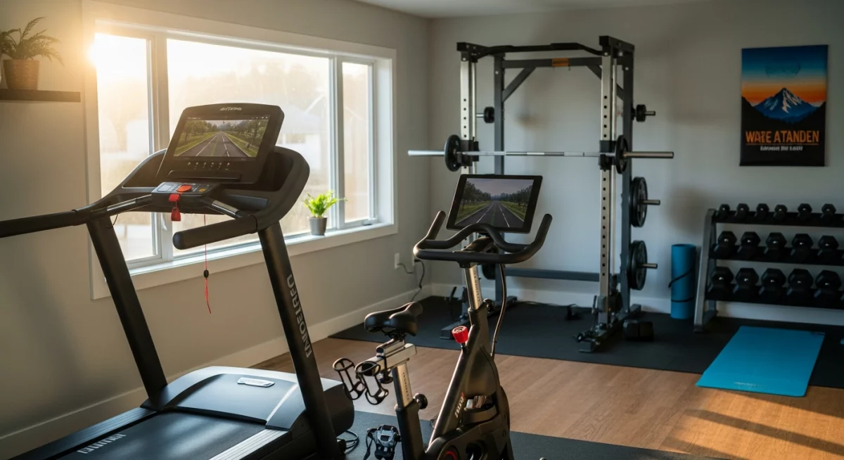 Home gym bien organisé avec matériel de fitness varié