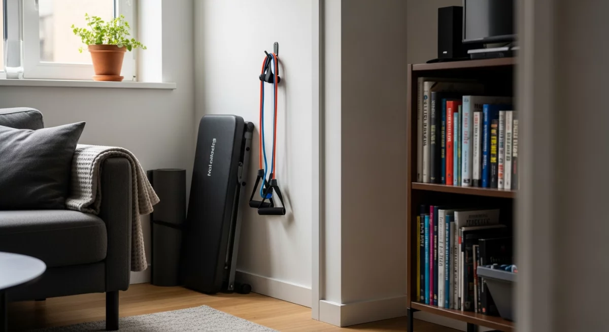 Équipement de base pour home gym avec haltères et banc de musculation