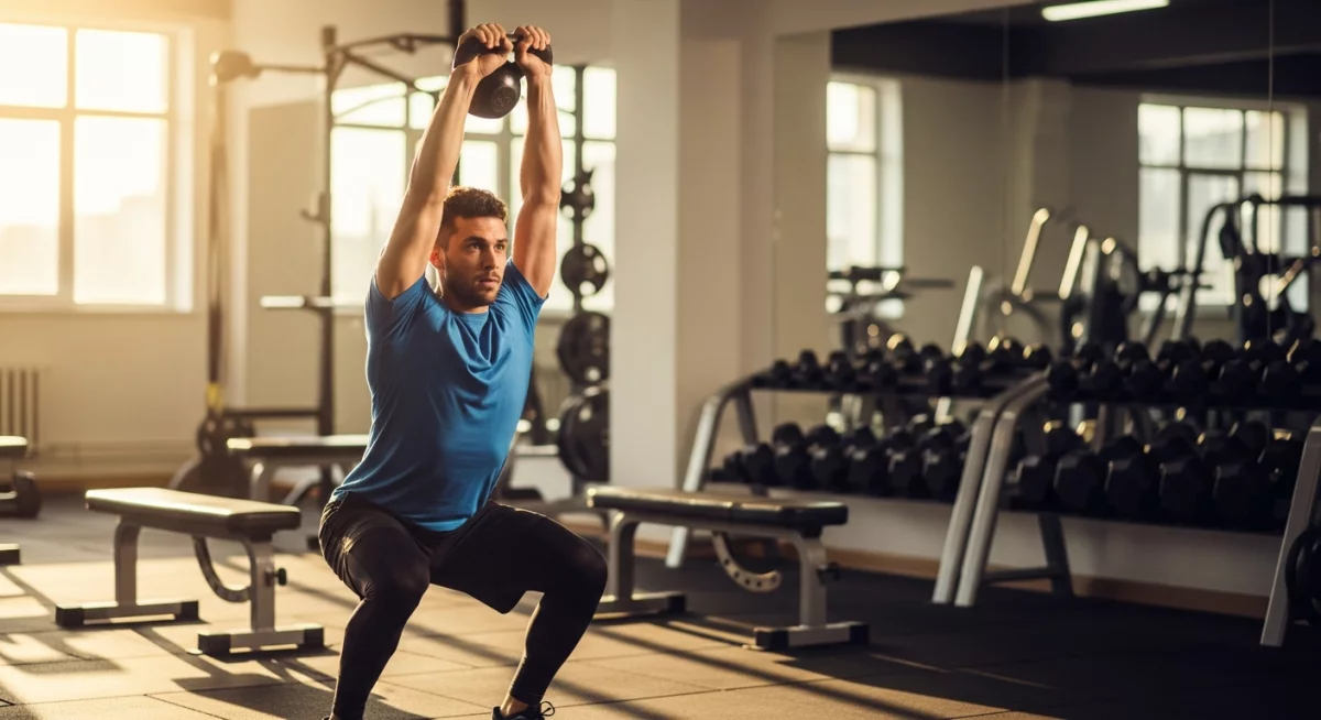 Circuit d'entraînement kettlebell avec plusieurs exercices disposés dans un espace d'entraînement à domicile