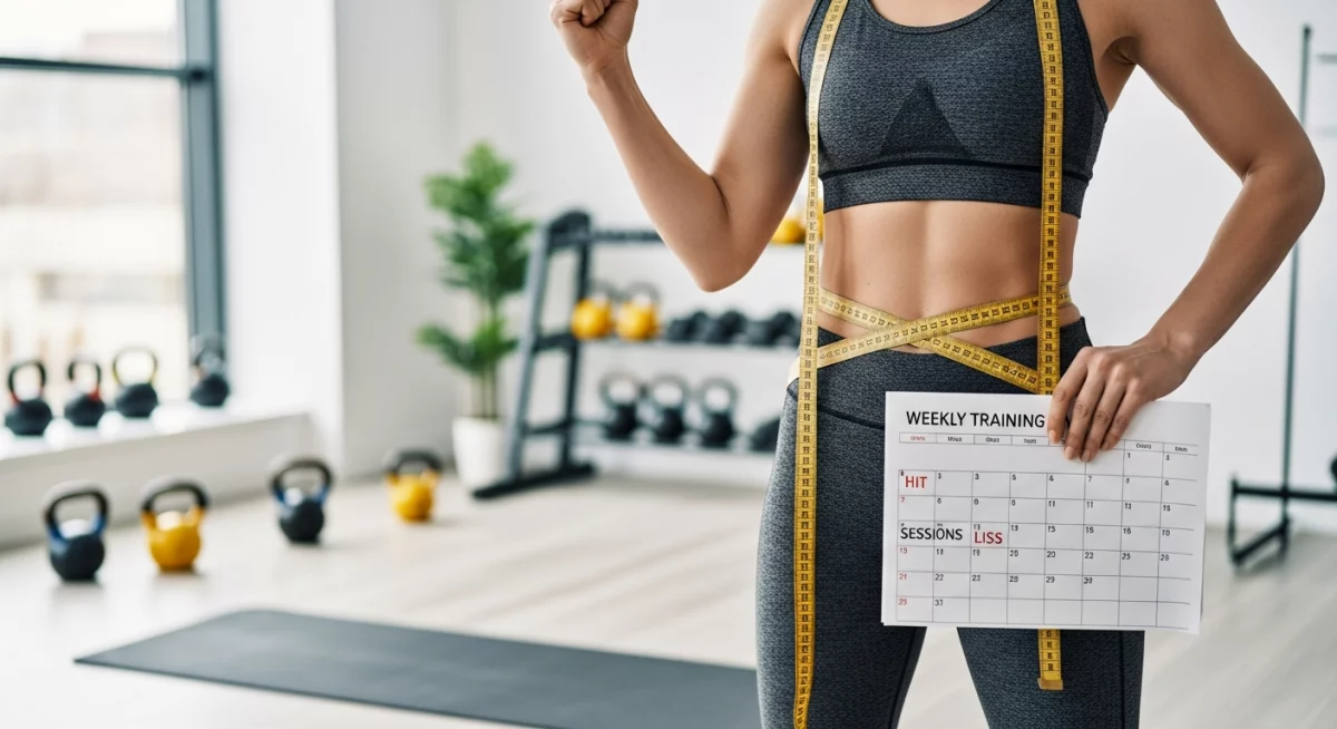 Personne marchant d'un pas rapide sur un sentier forestier au lever du soleil avec moniteur cardiaque au poignet, ambiance sereine et déterminée