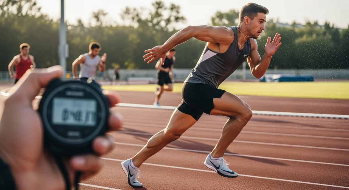 Coureur réalisant des séries de fractionné sur piste d'athlétisme, chronomètre en main, concentration intense