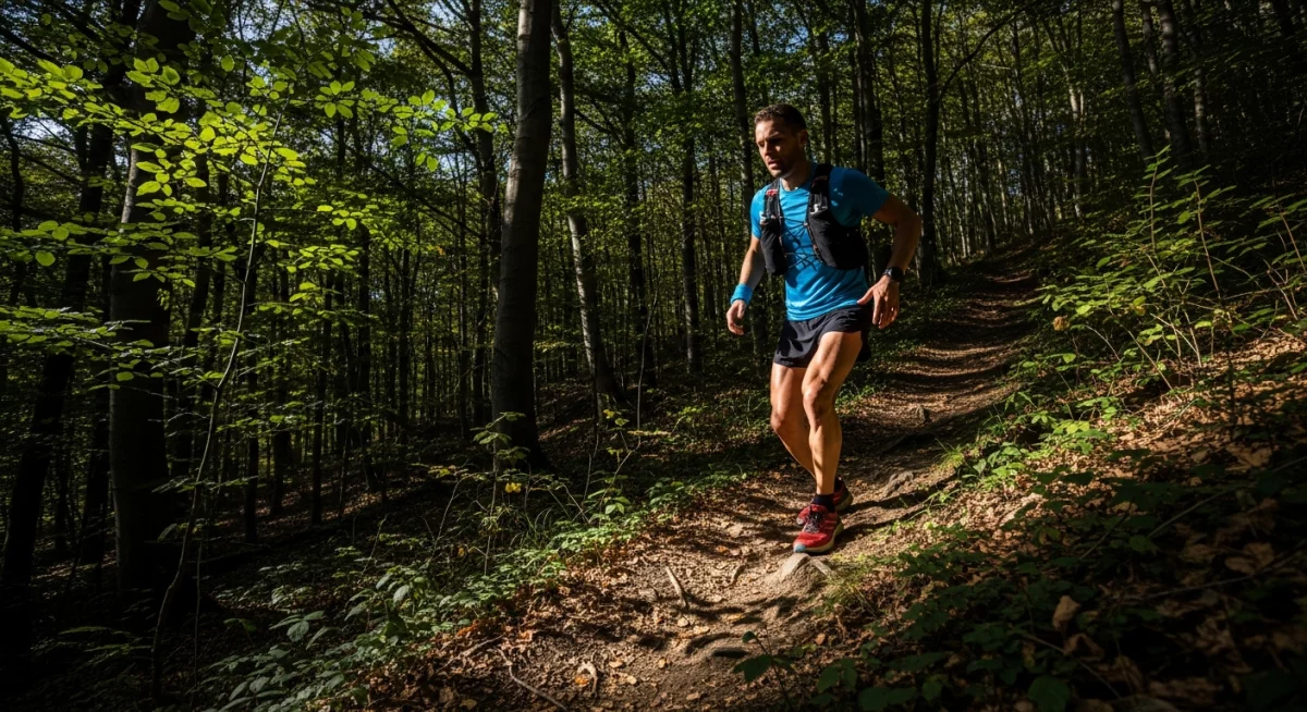 Athlète effectuant des répétitions en côte sur sentier de trail, effort visible, paysage naturel en arrière-plan