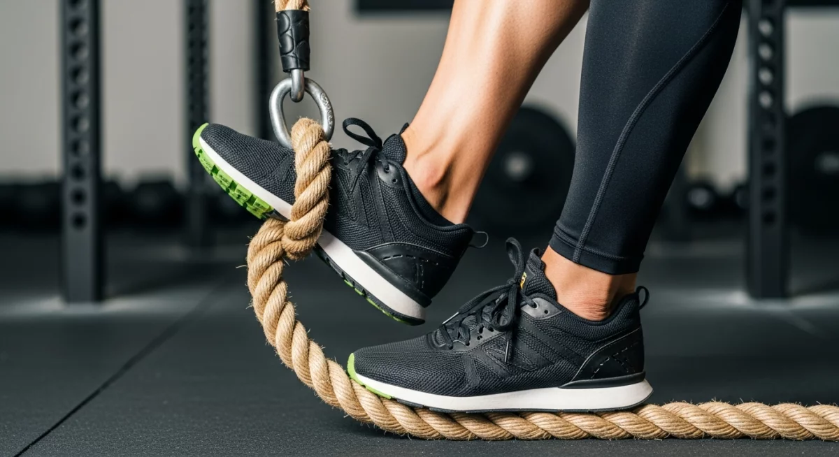 Athlète démontrant la technique de verrouillage des pieds J-hook sur une corde de CrossFit, avec gros plan sur le positionnement précis des pieds