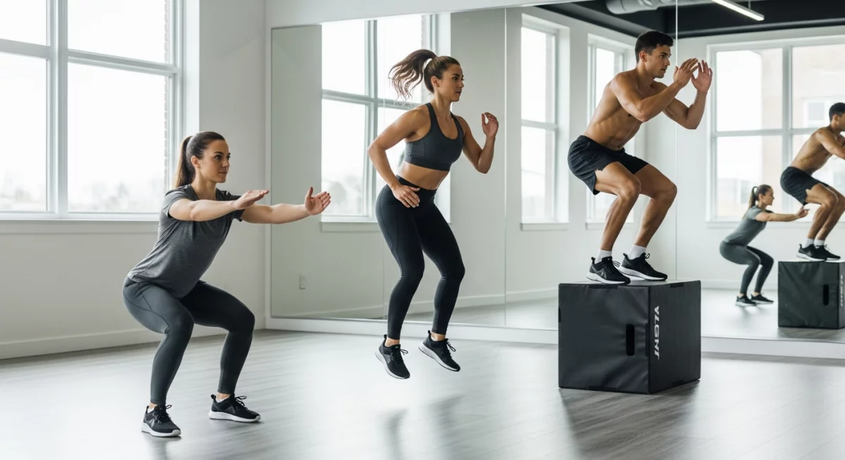 Athlète effectuant des burpees à intensité maximale pendant un intervalle Tabata, chronomètre visible, expression de détermination, transpiration, environnement de gym minimaliste
