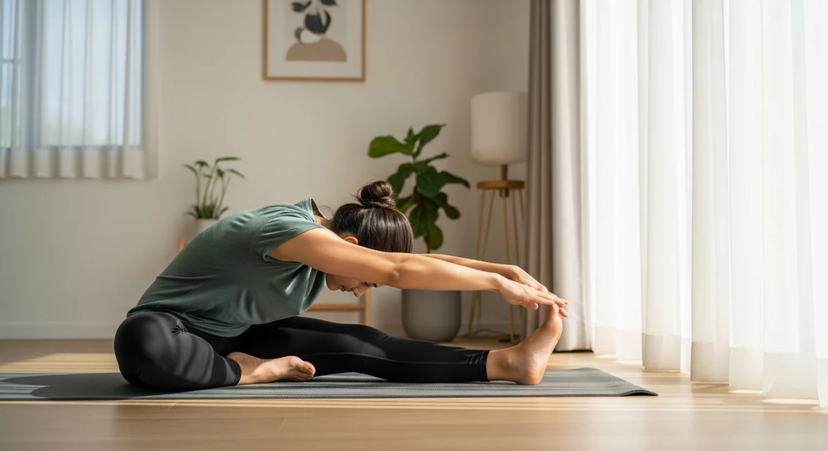 Personne effectuant une flexion avant assise sur un tapis dans un environnement calme et lumineux pour améliorer sa souplesse musculaire