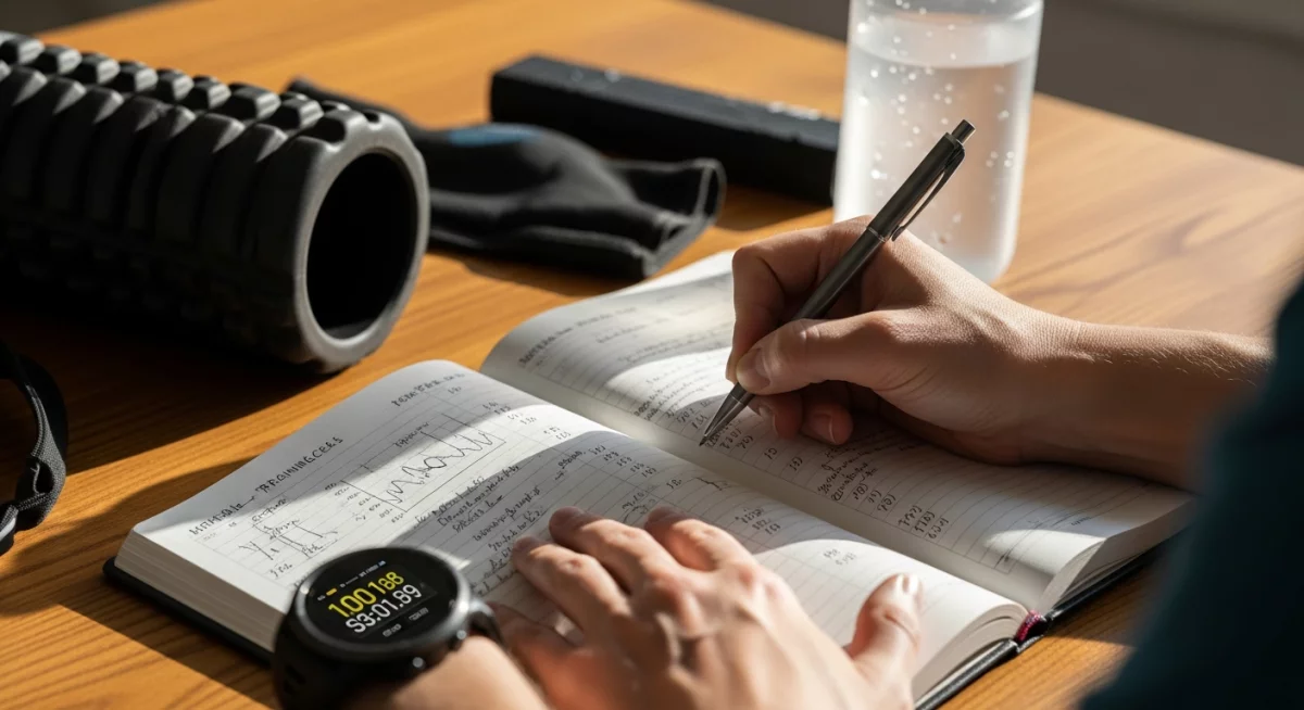 Athlète épuisé assis sur un banc de gym, tête baissée, montrant les signes de fatigue chronique et surentraînement