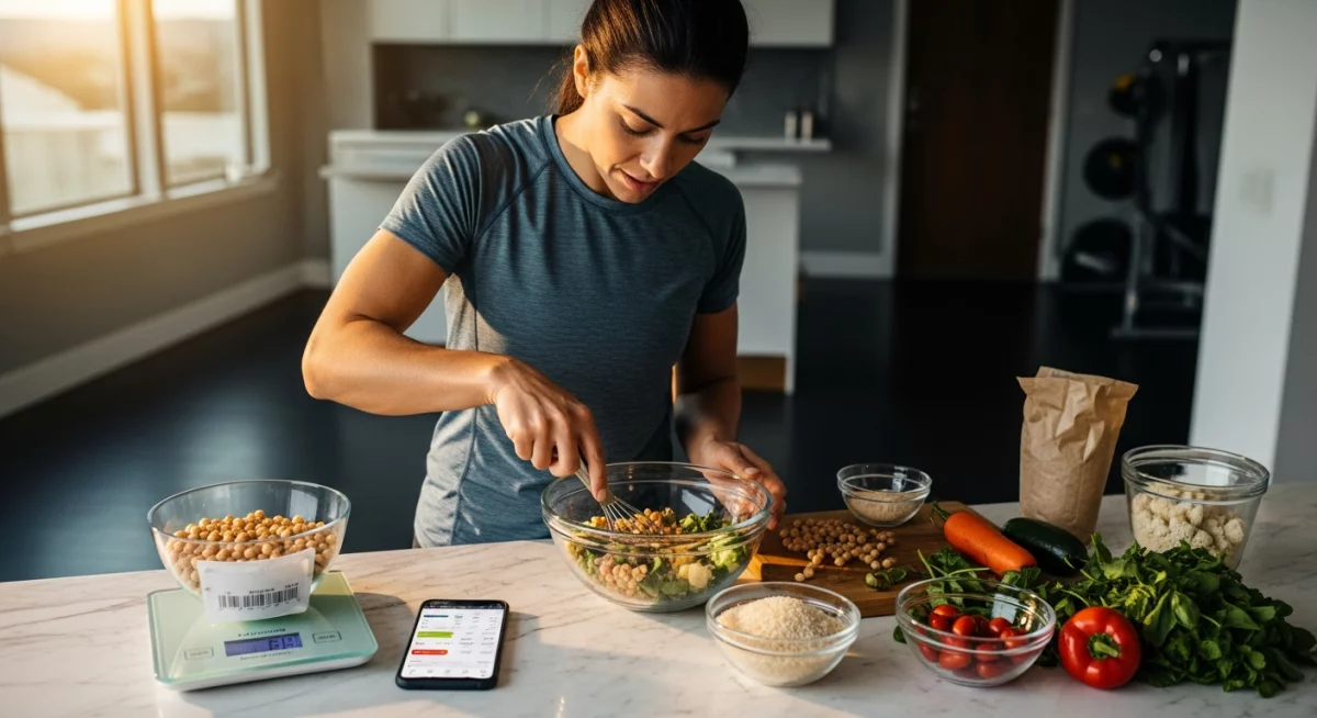 Assiette divisée montrant d'un côté des sources de protéines animales (œufs, poulet, saumon) et de l'autre des protéines végétales (lentilles, tofu, quinoa, noix) avec des mesures nutritionnelles visibles