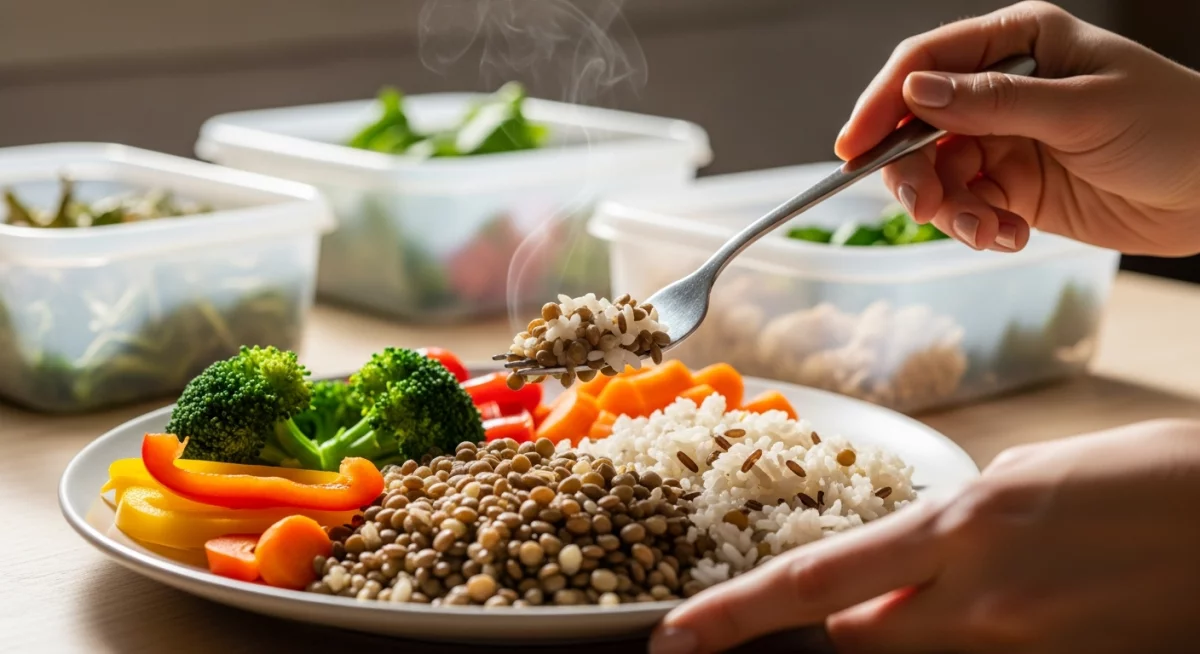 Sportif dans une cuisine préparant un repas post-entraînement avec des ingrédients protéinés variés, balance de cuisine visible, planification nutritionnelle sur tablette