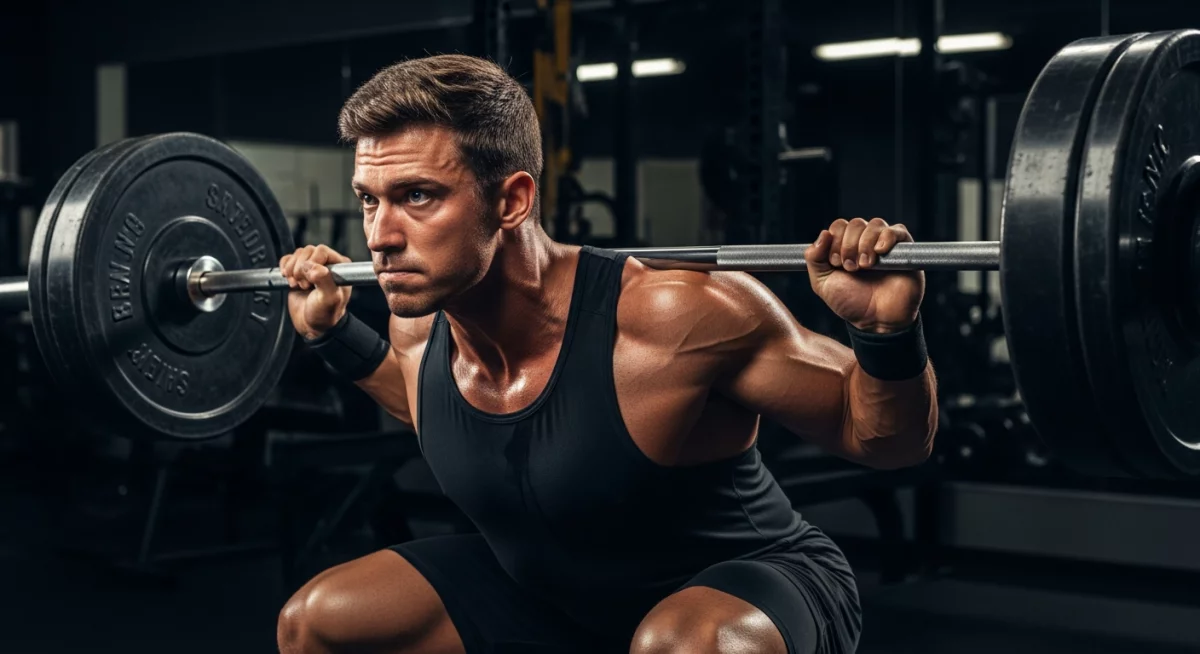 Athlète mesurant précisément sa dose de créatine monohydrate avec une cuillère doseuse dans sa cuisine, avec balance de précision et verre d'eau, lumière naturelle matinale