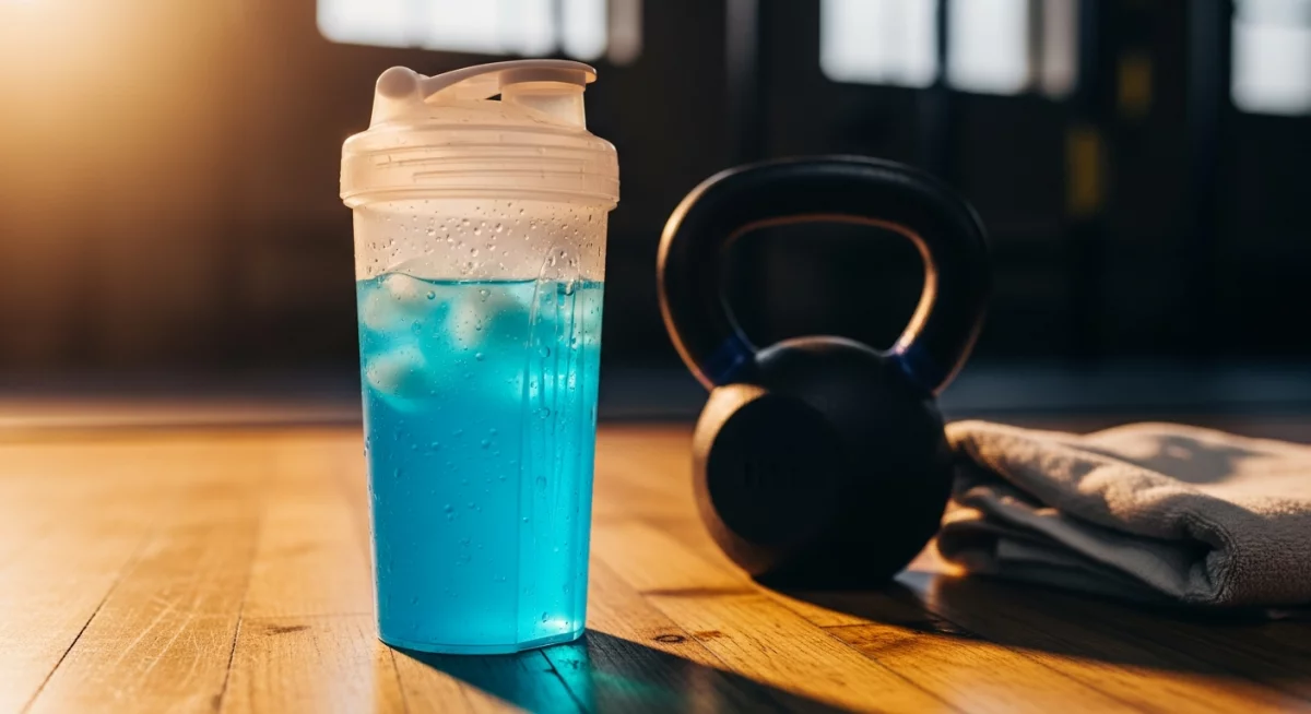 Athlète CrossFit versant une boisson électrolyte d'un shaker dans une gourde lors d'une pause entre deux rounds de WOD dans une box