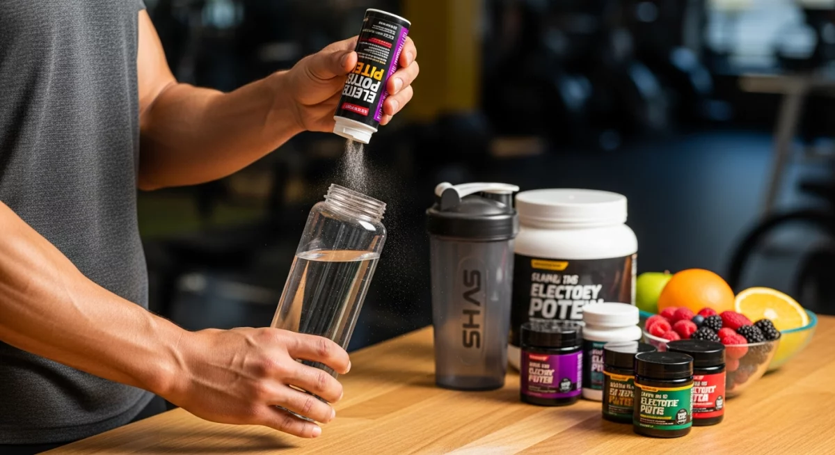 Gros plan sur un shaker transparent contenant une boisson électrolyte bleue avec des glaçons, posé à côté d'une kettlebell et d'une serviette dans une box de CrossFit