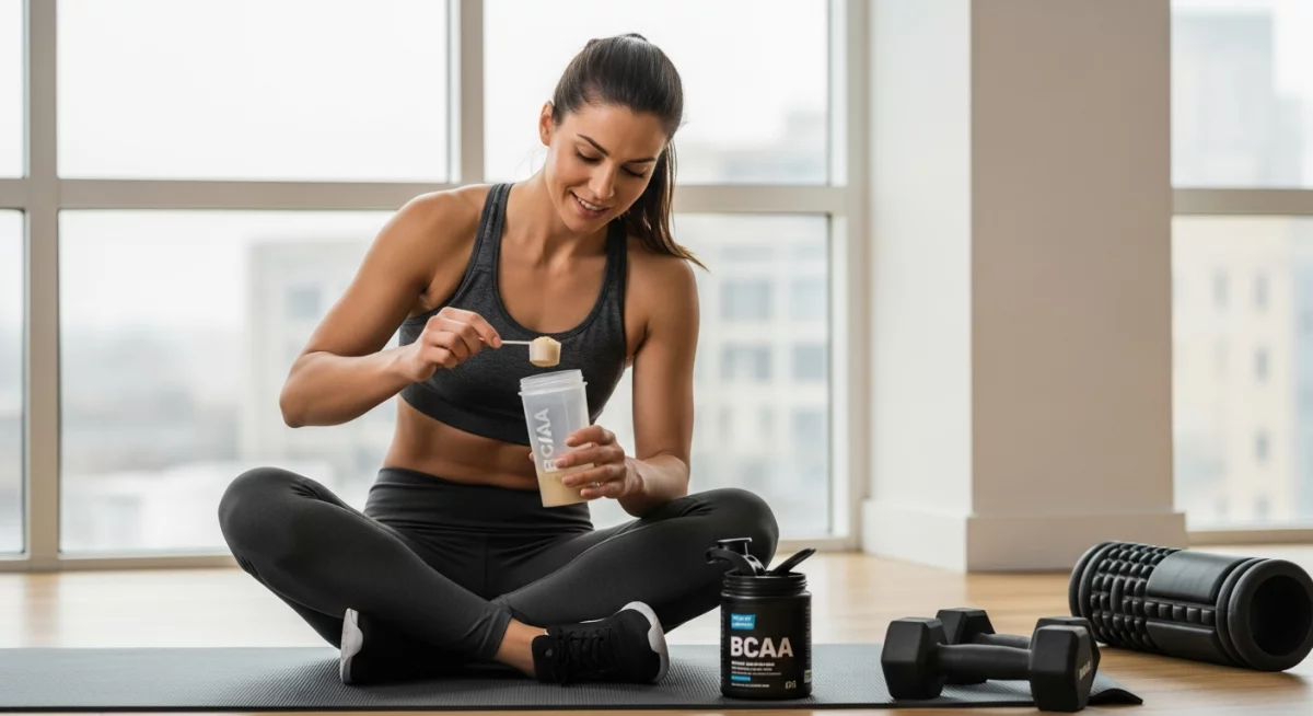Sportive mesurant sa dose de BCAA avec une cuillère doseuse après une séance intensive de musculation