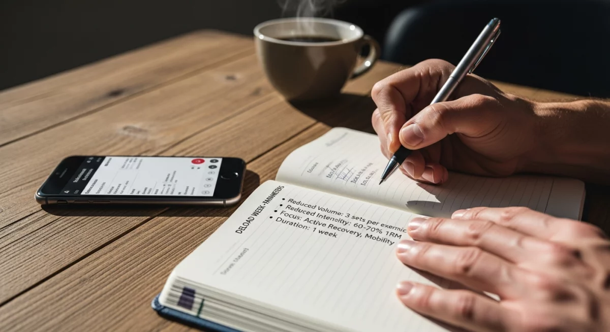 Athlète effectuant un exercice léger avec des haltères dans une salle de sport lumineuse, illustrant la réduction d'intensité durant une deload week