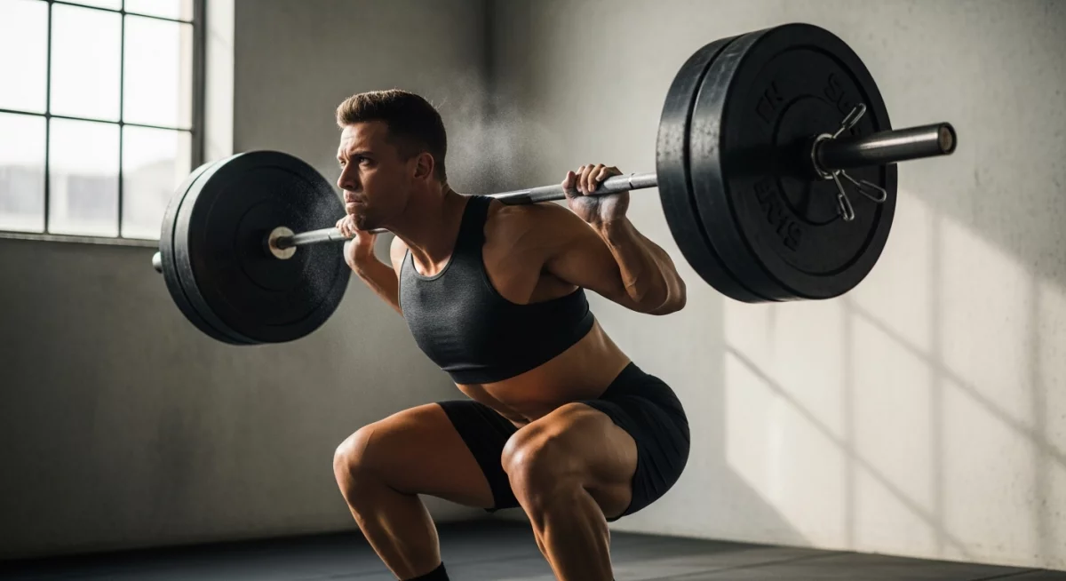 Athlète effectuant un squat contrôlé avec tempo lent dans une salle de musculation