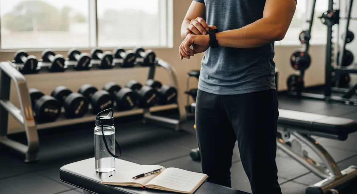 Pratiquant de musculation consultant son chronomètre entre les répétitions pour respecter son tempo