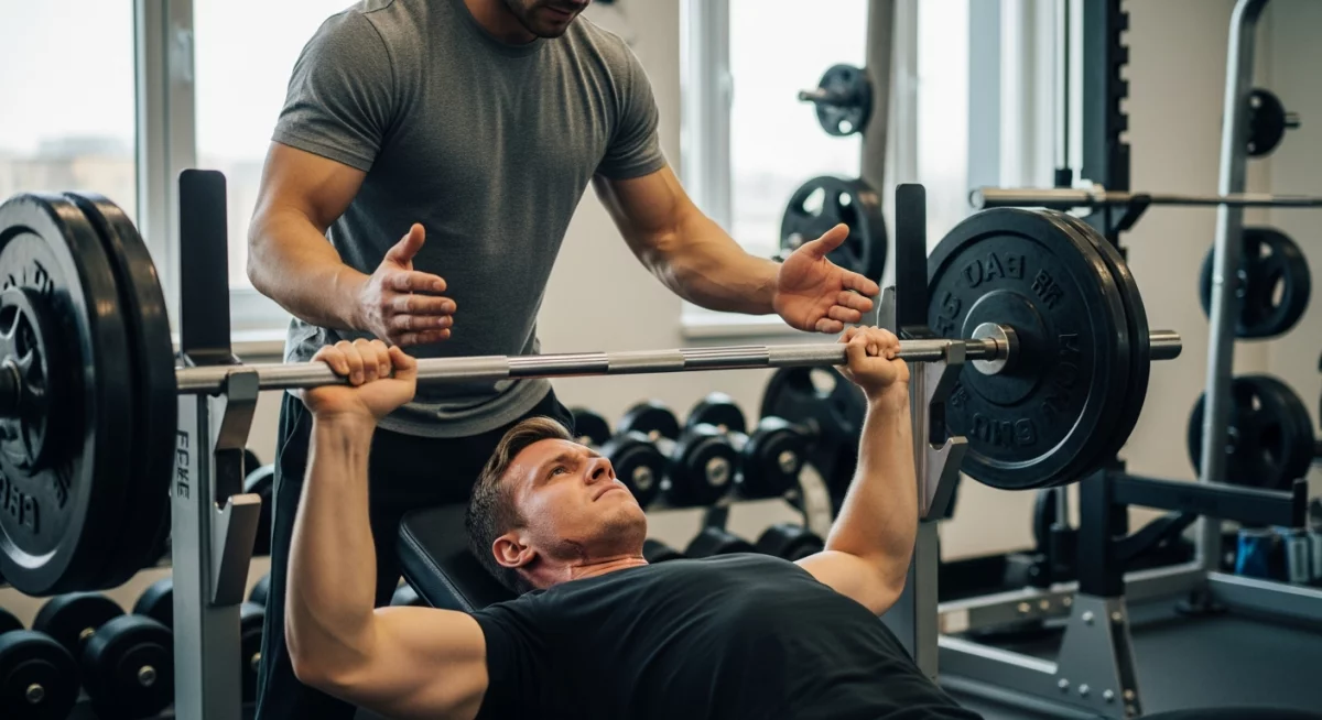 Un athlète musclé en plein exercice de dropset sur machine à poulie dans une salle de sport moderne