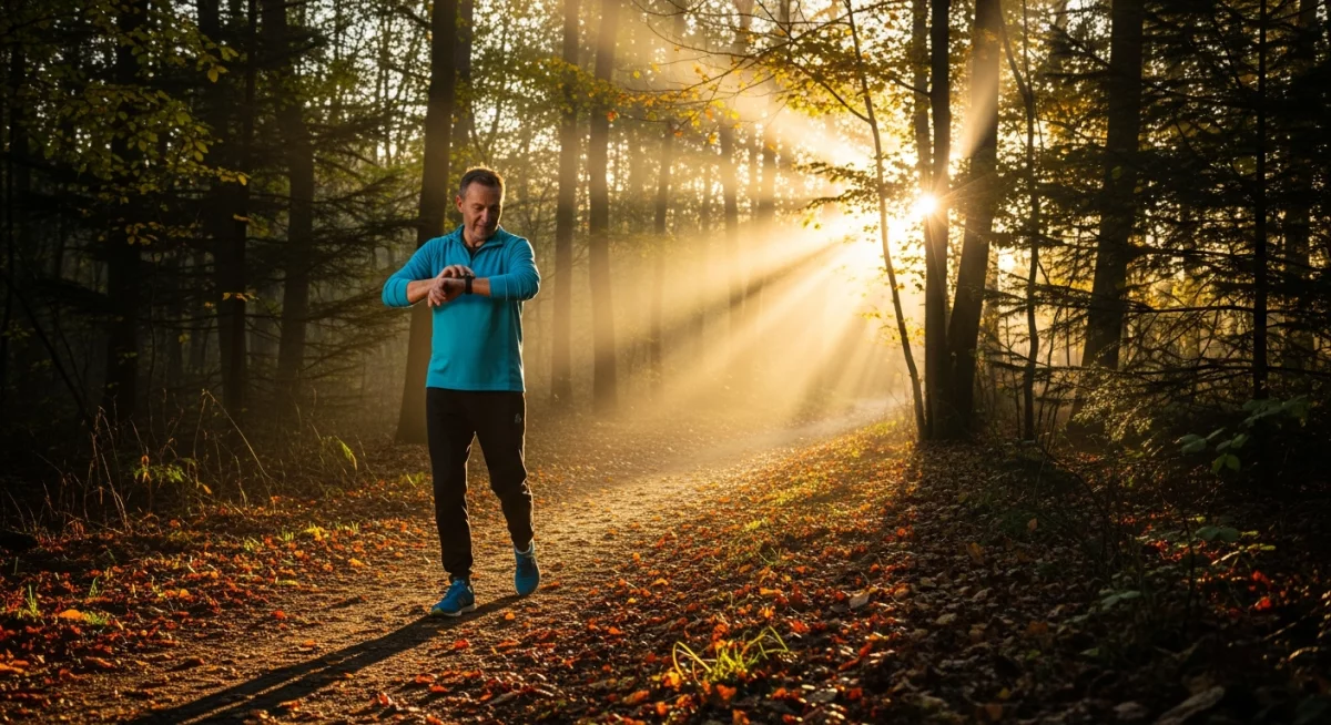 Runner vérifiant sa montre cardio pendant une course matinale en forêt