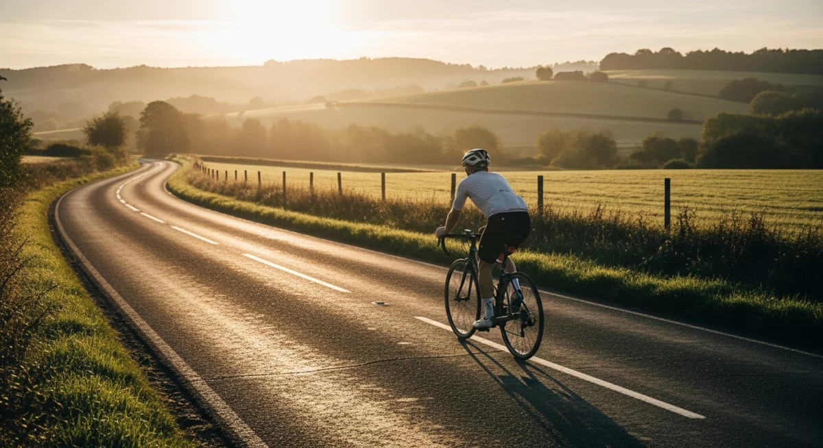 Cycliste roulant à allure modérée sur route de campagne au lever du soleil