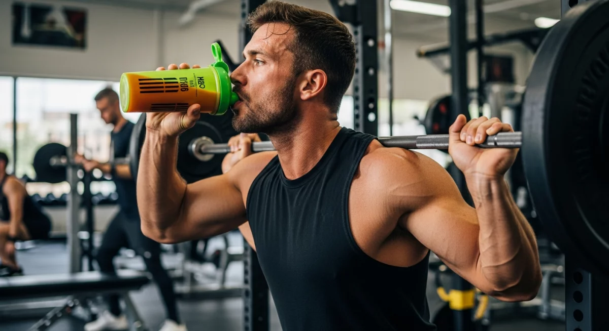 Athlète préparant sa boisson intra-entraînement avec shaker et poudre dans une salle de sport