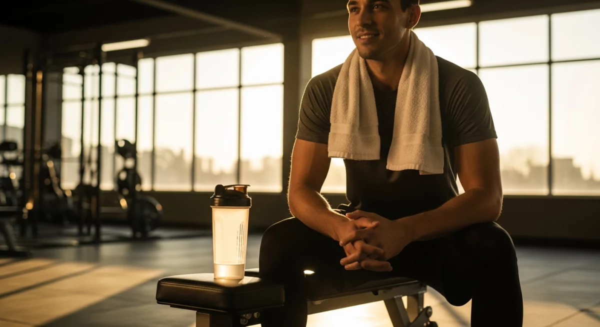 Sportif en pleine séance de musculation intense buvant sa boisson intra-workout entre deux séries