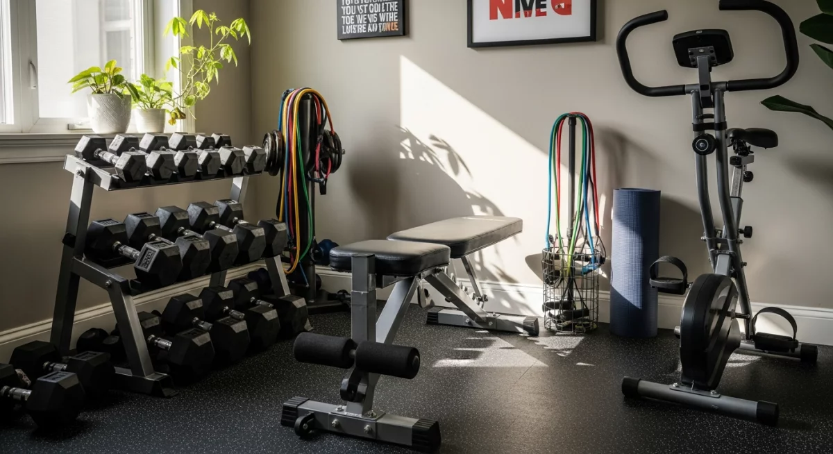 Espace d'entraînement fitness à domicile optimisé avec différents équipements
