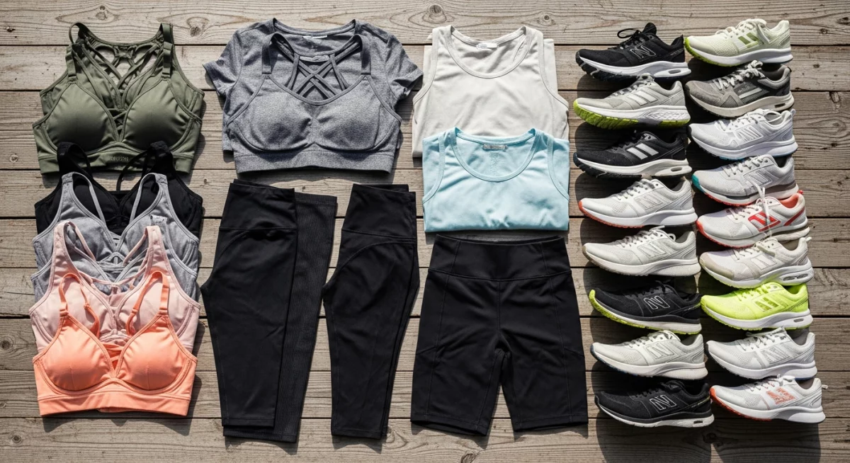 Femme essayant différentes tenues de fitness dans un vestiaire