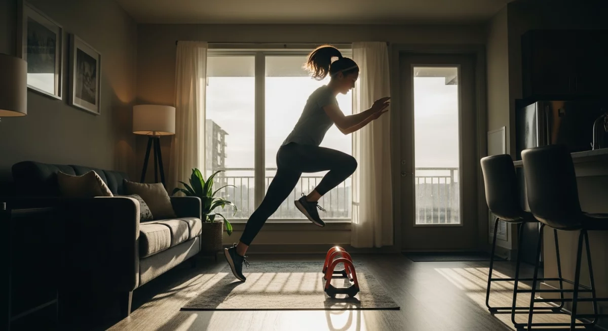 Personne réalisant un circuit training dans son salon
